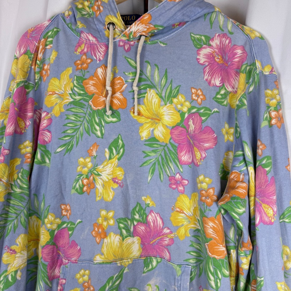 Polo Ralph Lauren Womens Tropical Hibiscus Floral Print Cotton Hoodie Blue Med